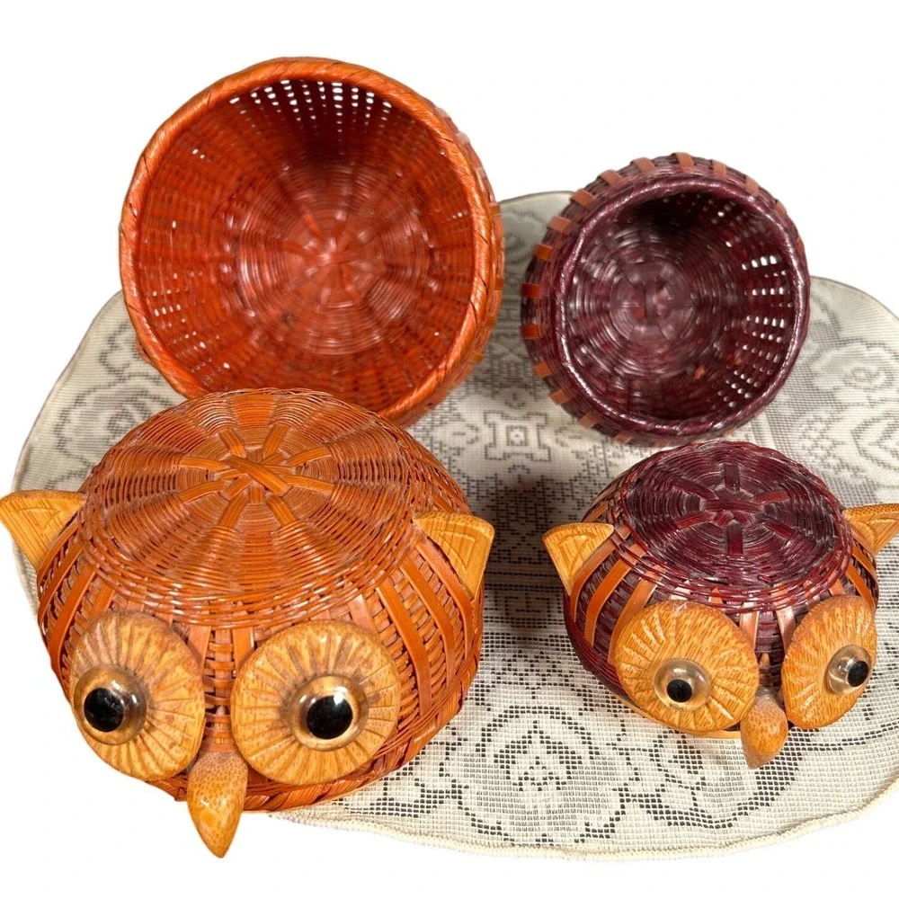 Vintage Woven Wicker Bamboo Owl Nesting Baskets Trinket Boxes Boho Decor Set/2